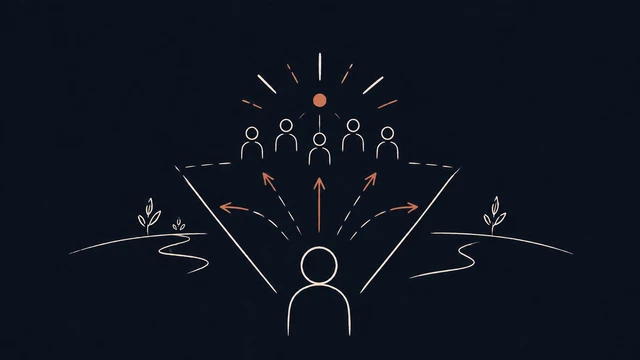 Illustration einer Person, die Orientierung und Verantwortung an eine Gruppe weitergibt